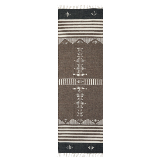 long wool and cotton blend rug with green blocks at each end and brown middle with pattern in white
