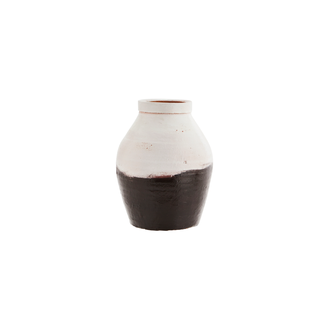 earthenware vase, white on the top half and brown on the bottom half with rough line between the two