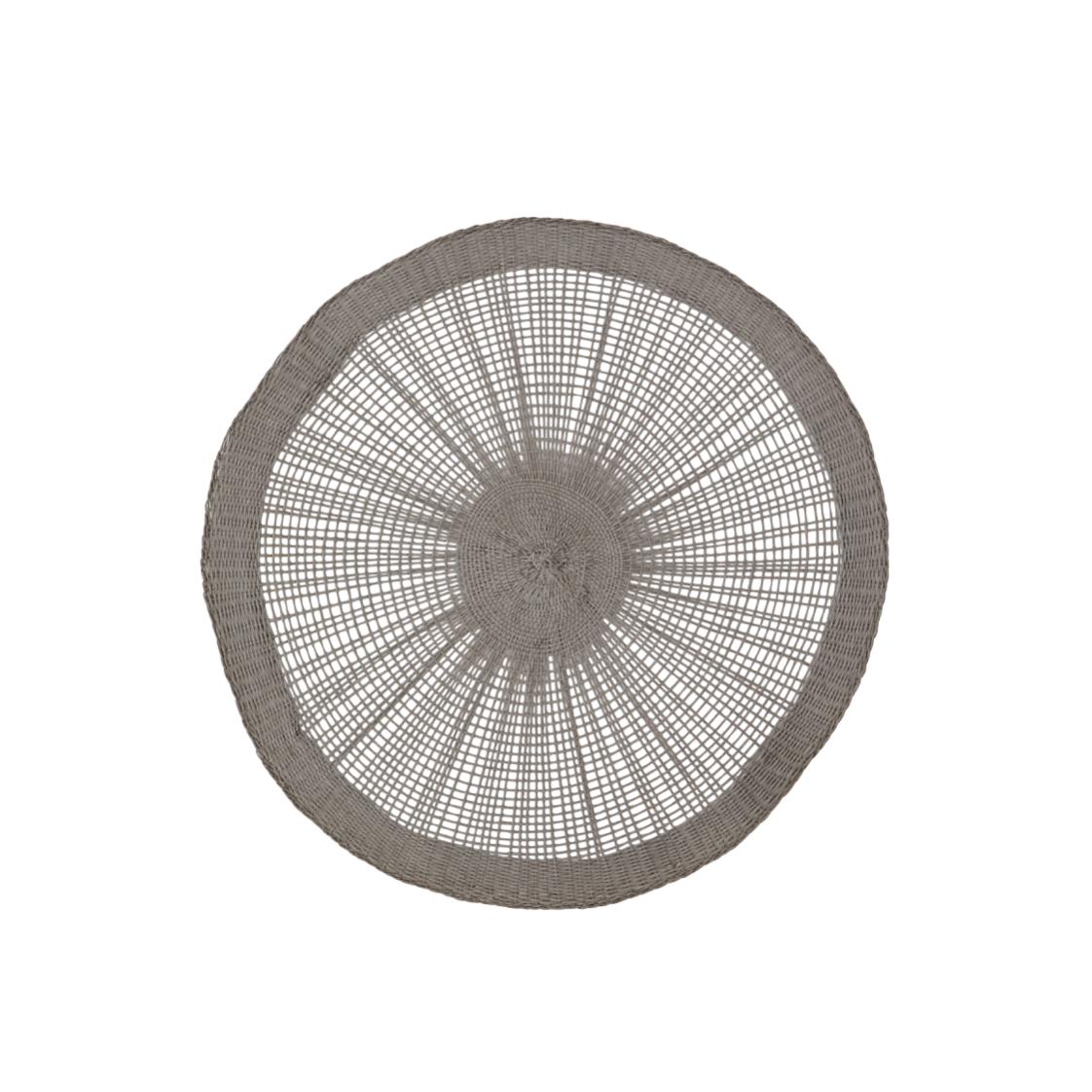 grey paper rope placemat on a white background, the placemat is tightly woven around its thick border, then more sparsely so until it reaches the middle, where it is tightly woven once again