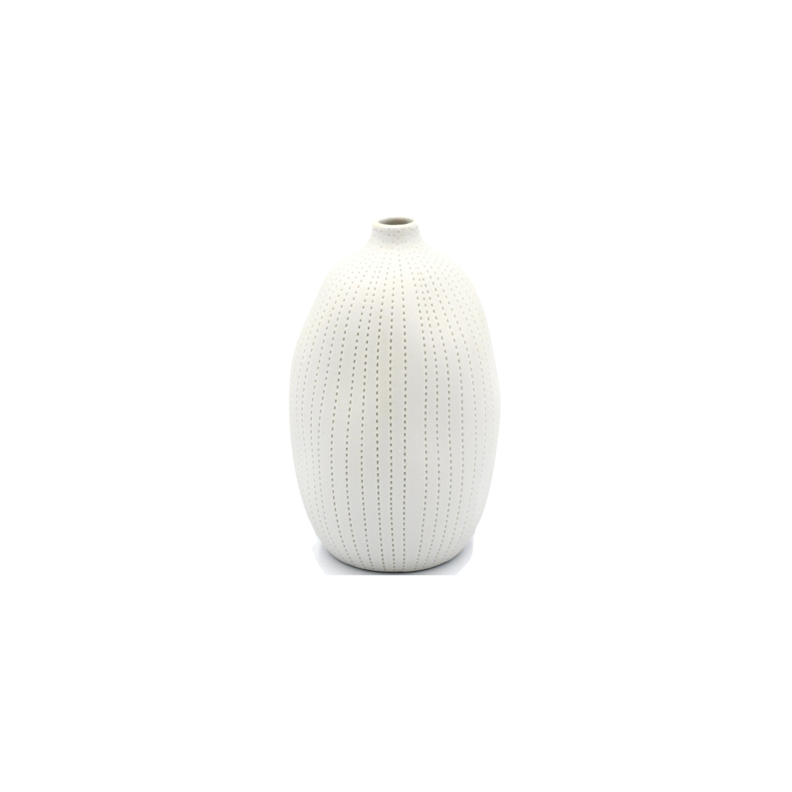 white bud vase with lines of small indents