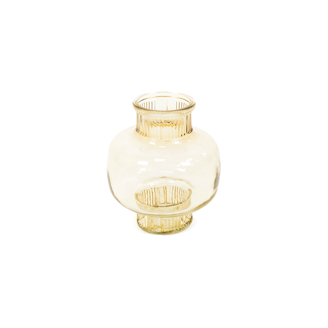 round amber glass vase with smaller fluted top and bottom