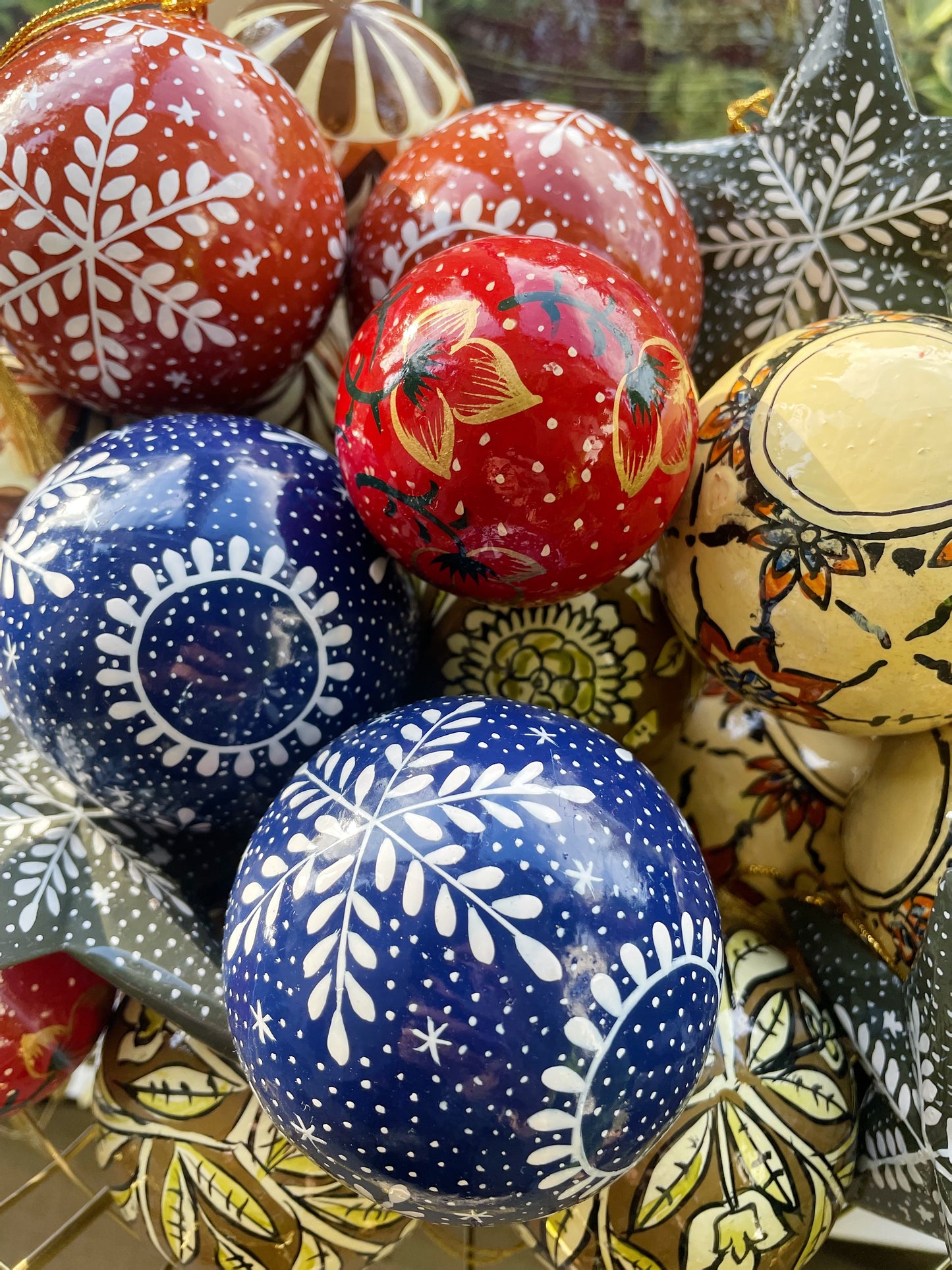 hand painted navy and white snowflake bauble