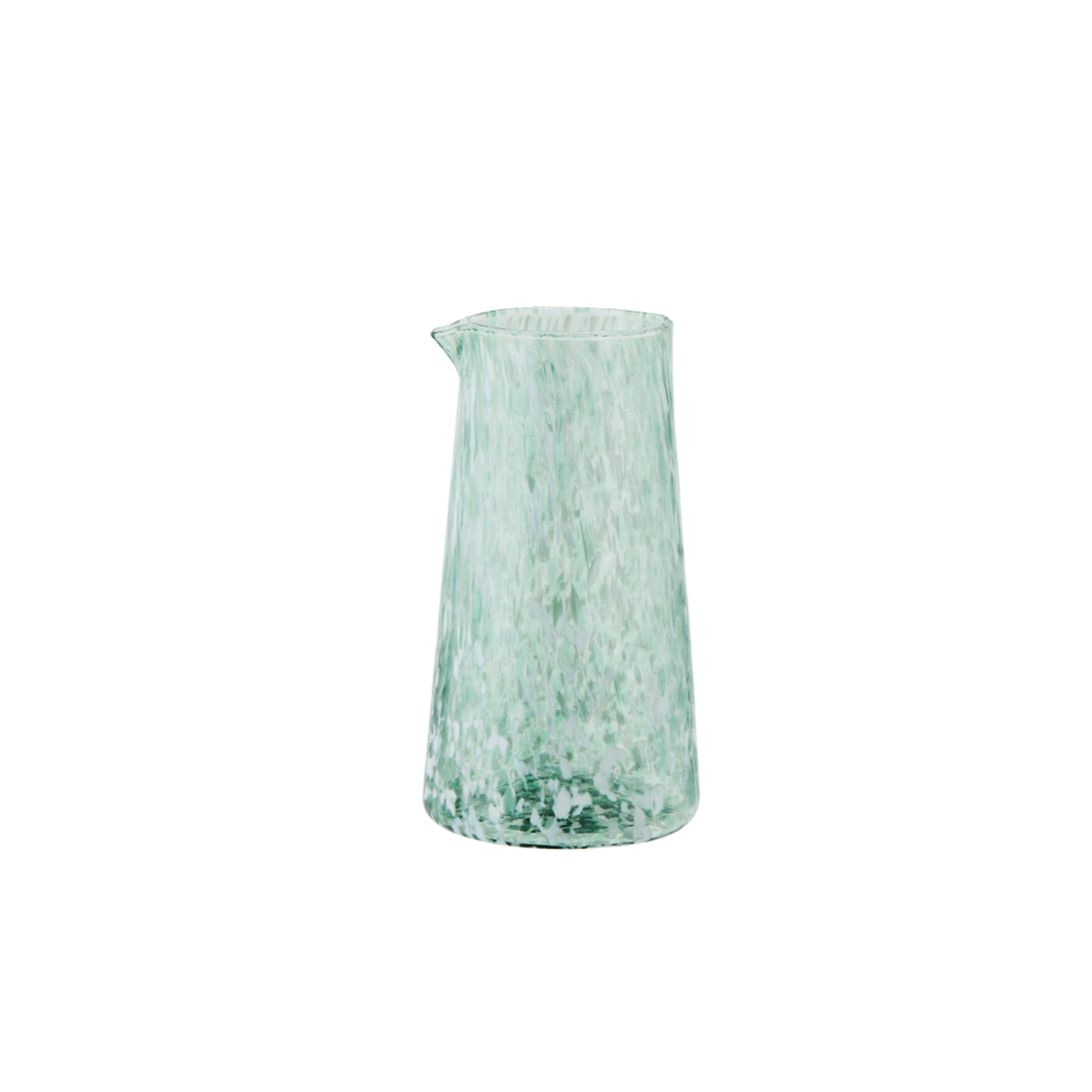 green handleless glass jug with white speckles
