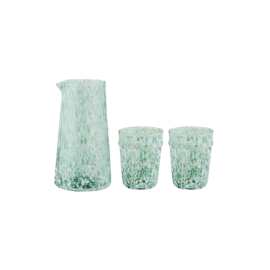 green speckled jug and two glasses