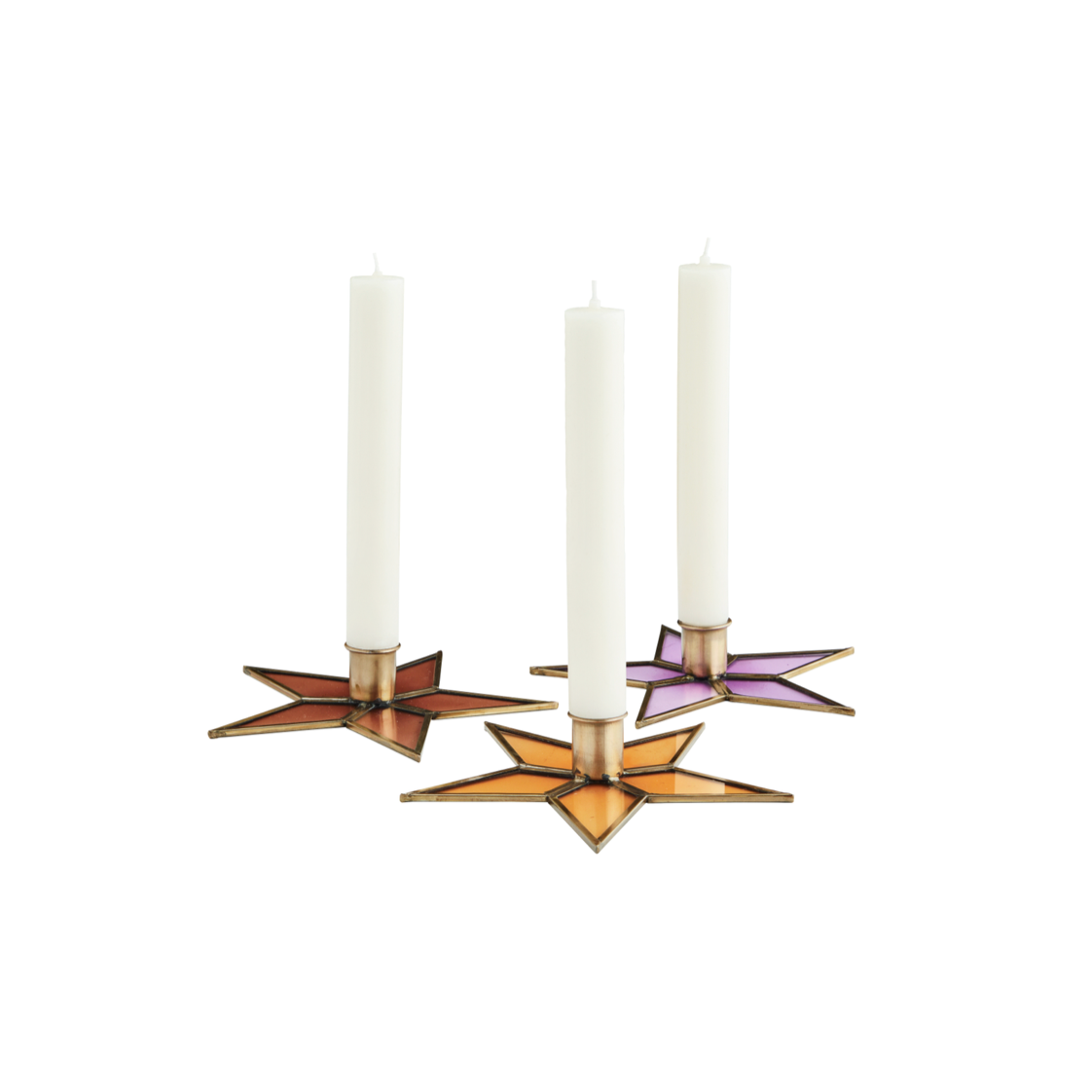 white candles in colourful glass star candle holders