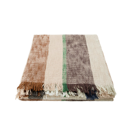 multicoloured cotton throw with fringing in beige, brown and green
