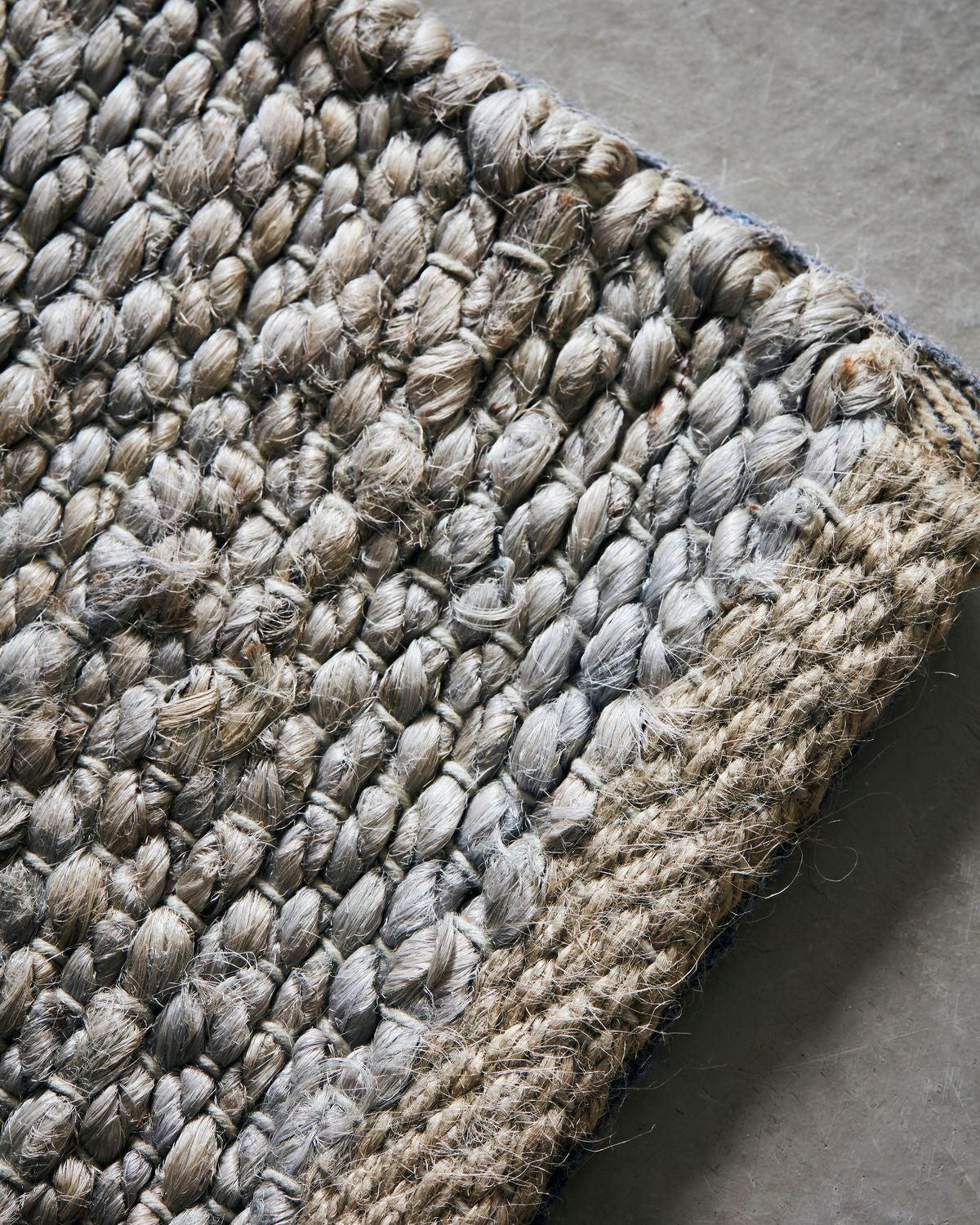 close up of light grey hemp, jute and cotton rug, 300x90cm