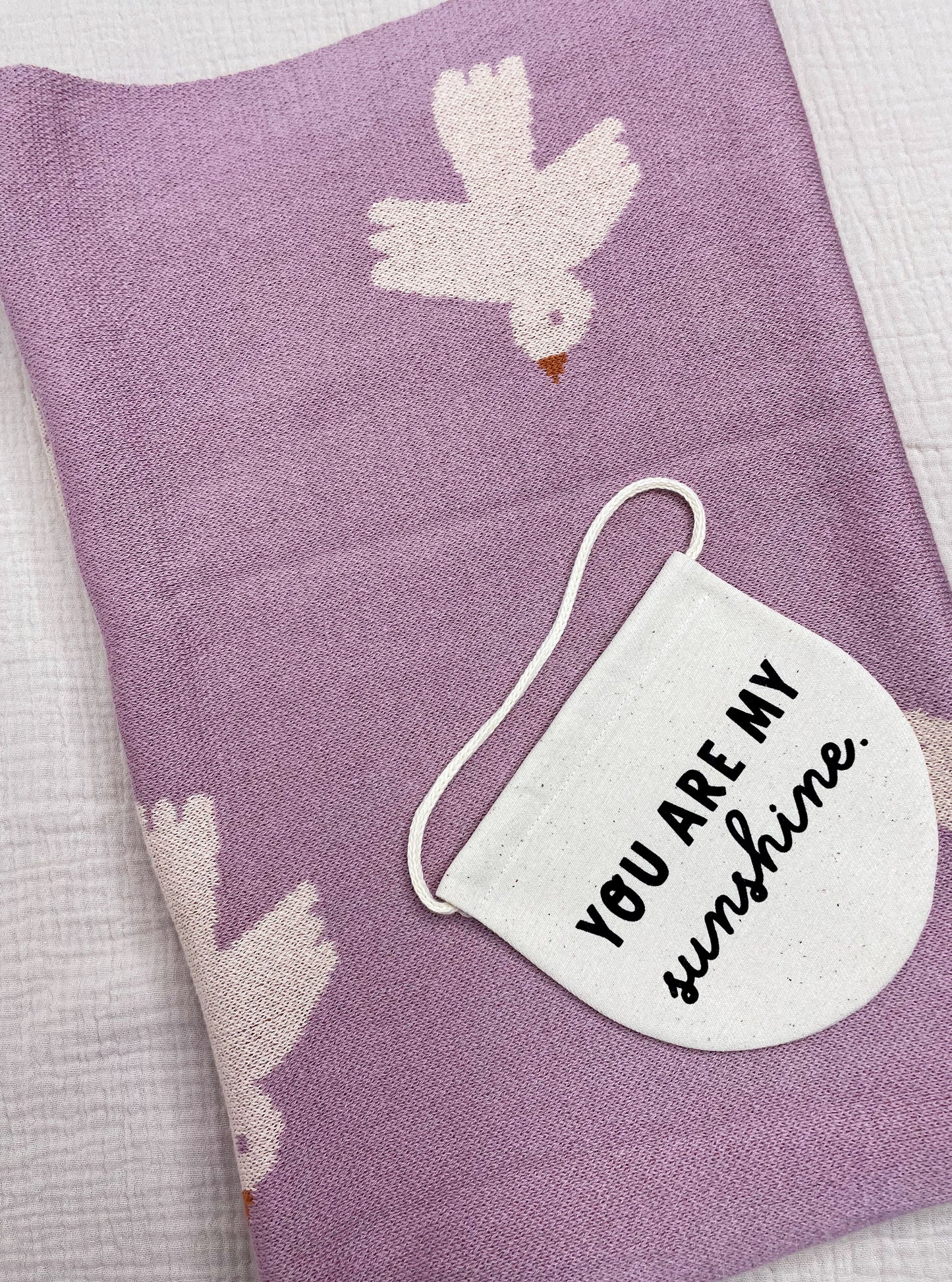 purple blanket with grey/white birds, with a 'you are my sunshine' banner on top