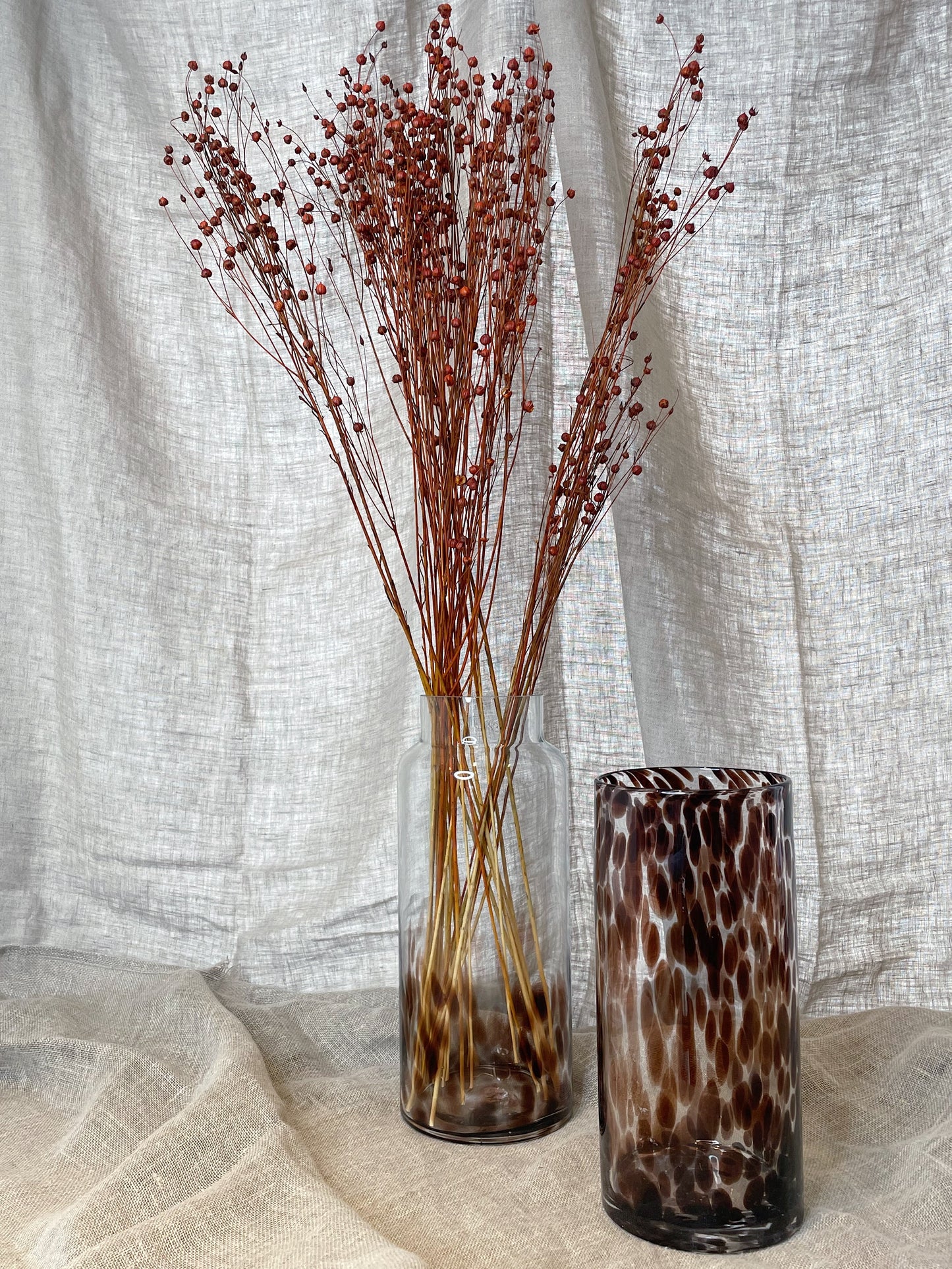 Two vases, one leopard print and one half leopard print, against a natural linen backdrop, the half print vase is filled with dark red dried flower stems