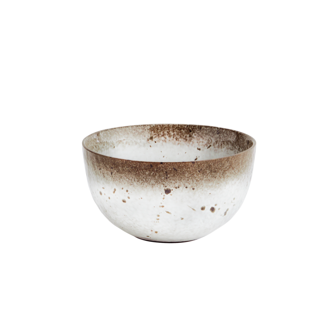 white stoneware bowl with brown speckles and rim