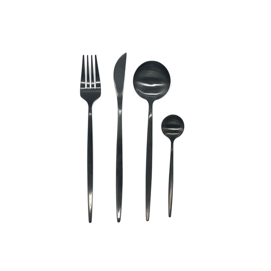 matt steel cutlery set - one fork, one knife, one spoon and one teaspoon