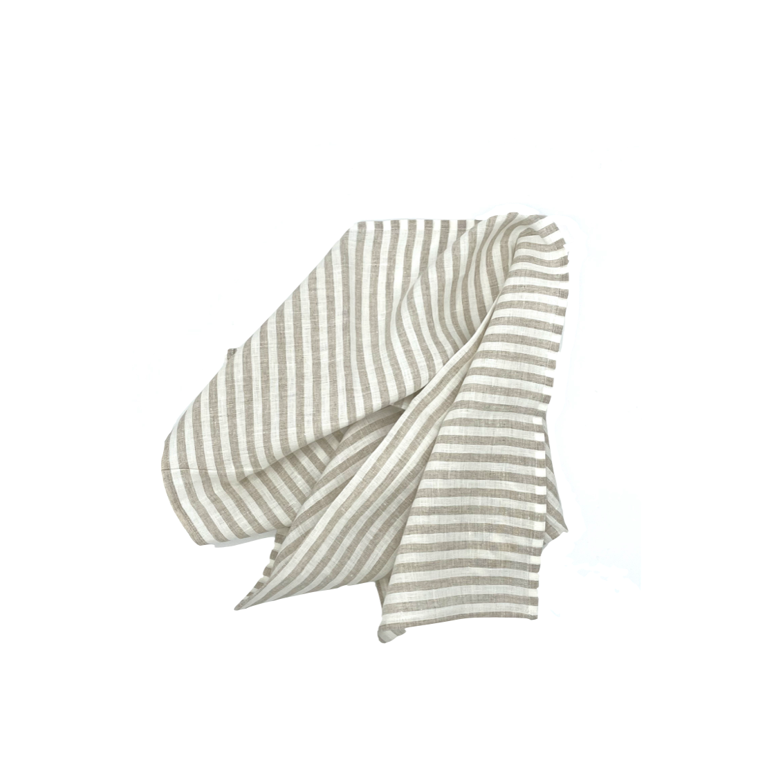 one striped tea towel in natural and white linen, strewn messily
