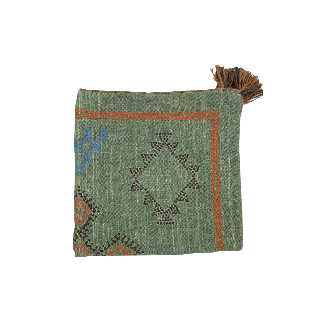 green embroidered cushion cover with tassels, folded in quarters