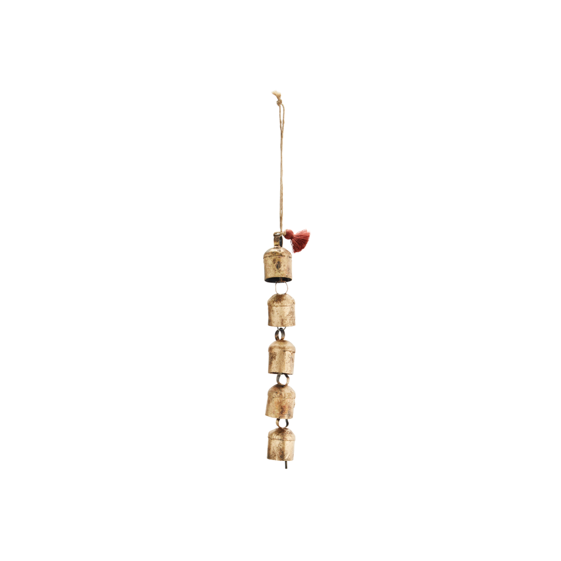 set of six iron bells hanging from a jute string, with a burnt orange tassel at the top