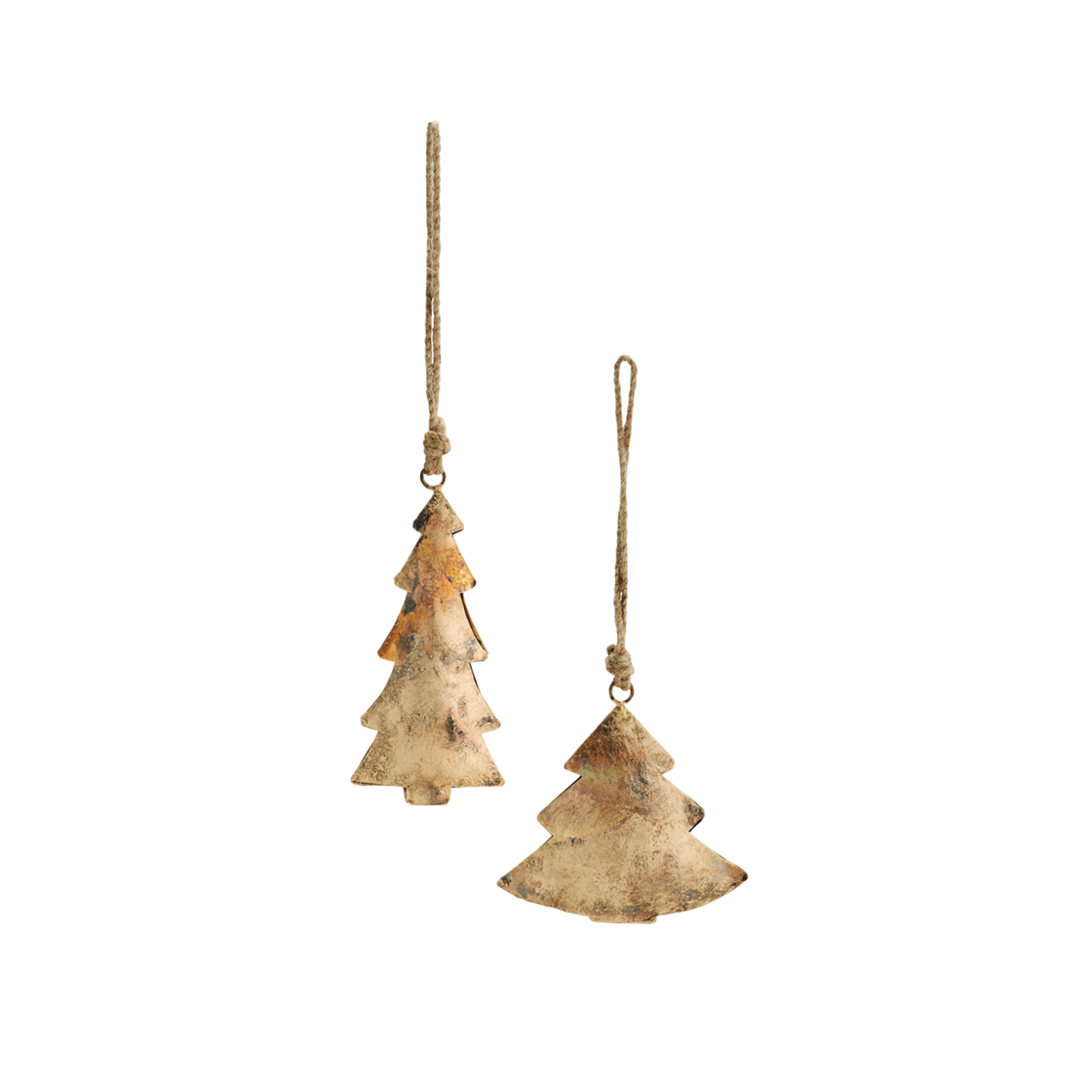 two iron Christmas trees with jute string for hanging, one taller and slimmer, one shorter and wider