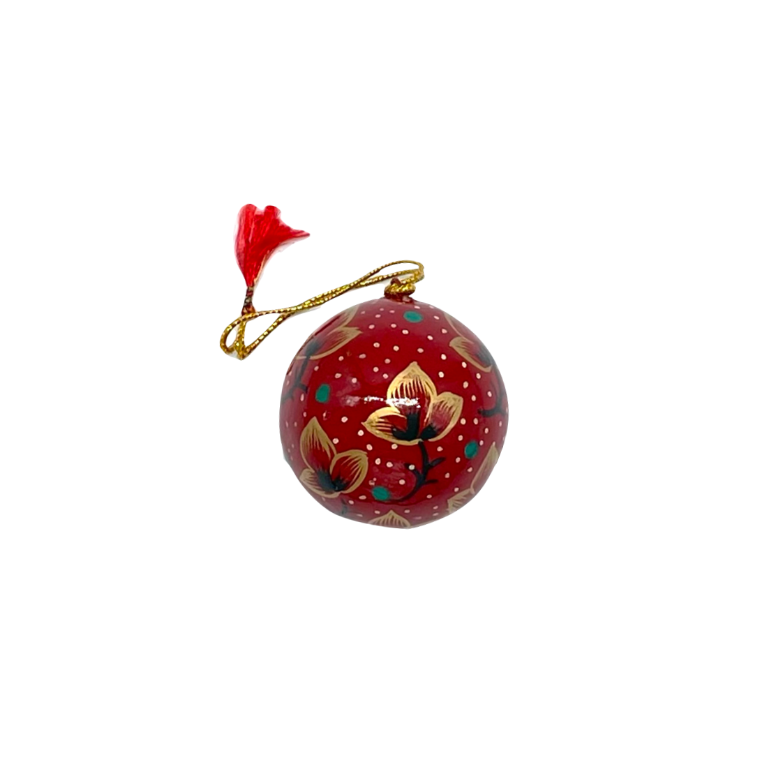 red bauble with hand-painted flowers in gold, with white dots