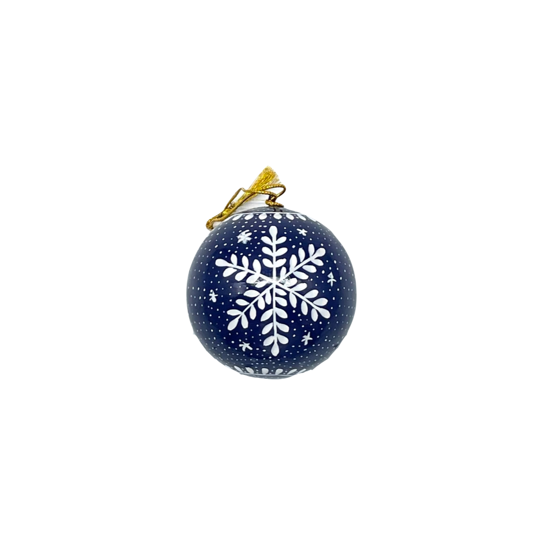 navy bauble with hand-painted white snowflake