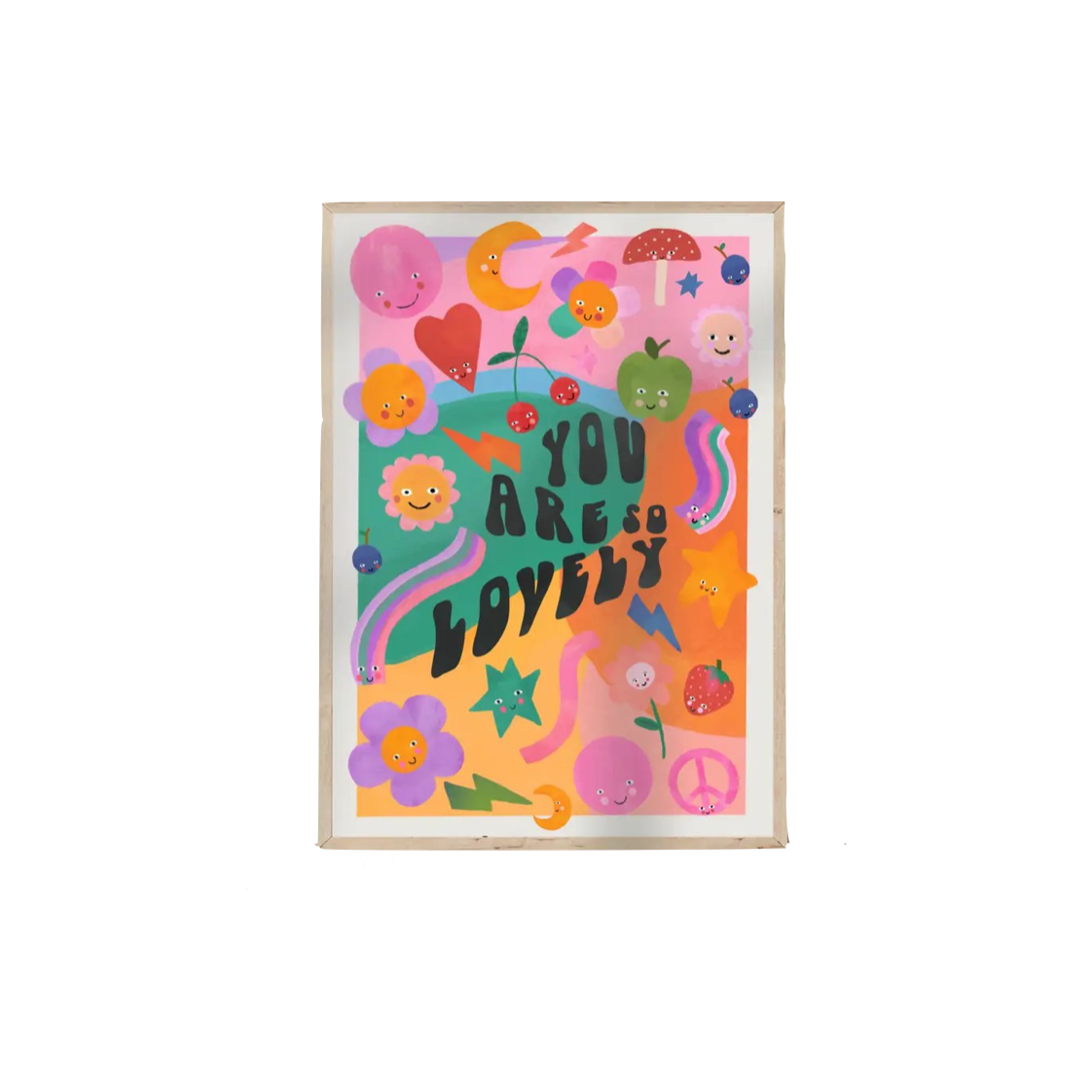 colourful children's print with flowers, hearts and more and black text reading 'you are so lovely'