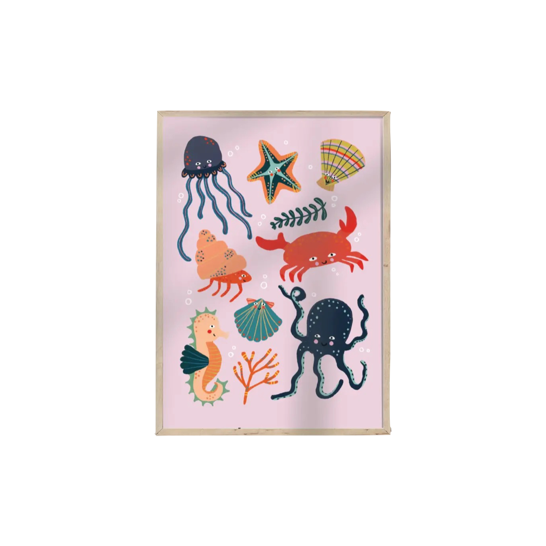 children's print with colourful characters including a crab, seahorse, octopus starfish and much more