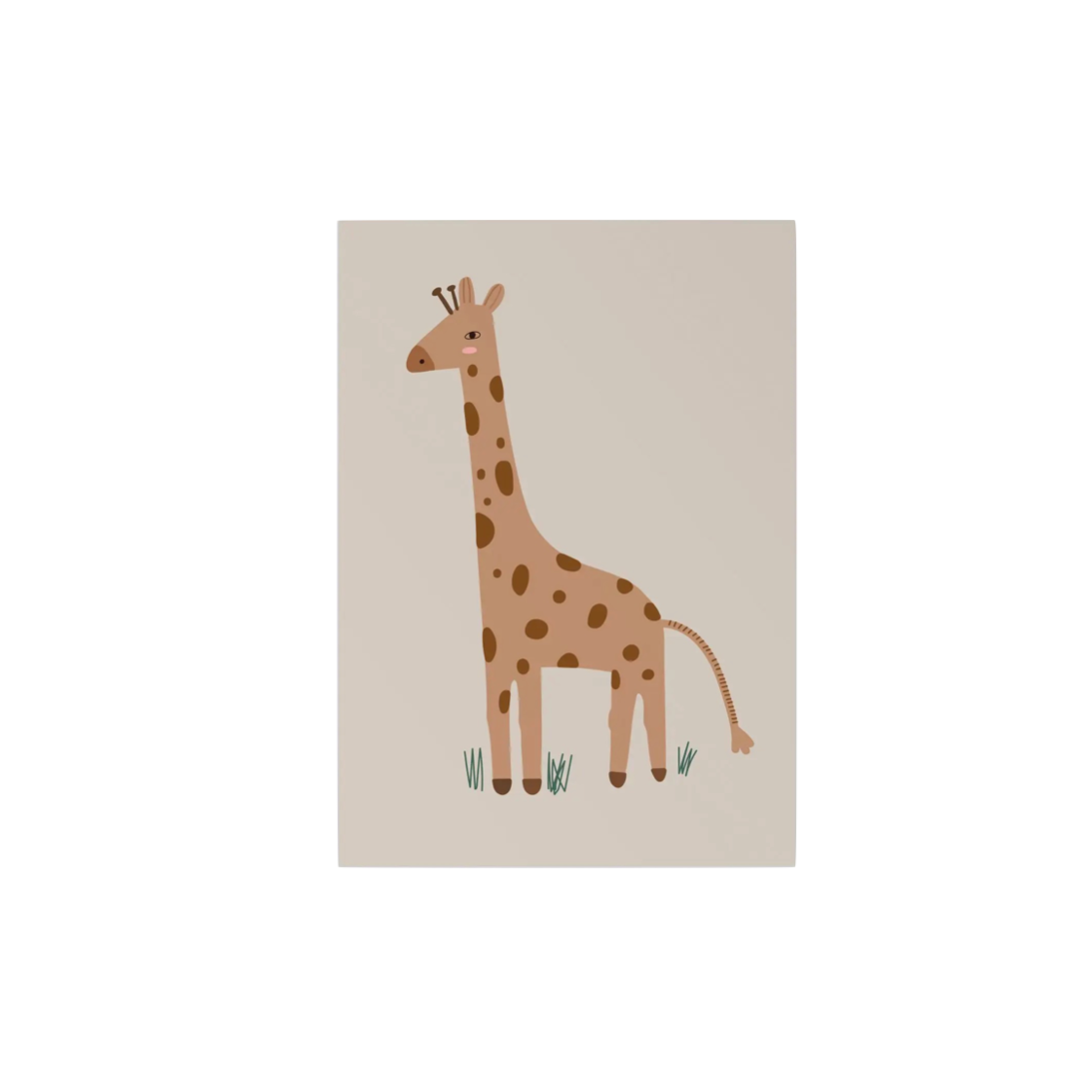 childrens print of an illustrated giraffe, on an oat coloured background with sprigs of green grass around its legs