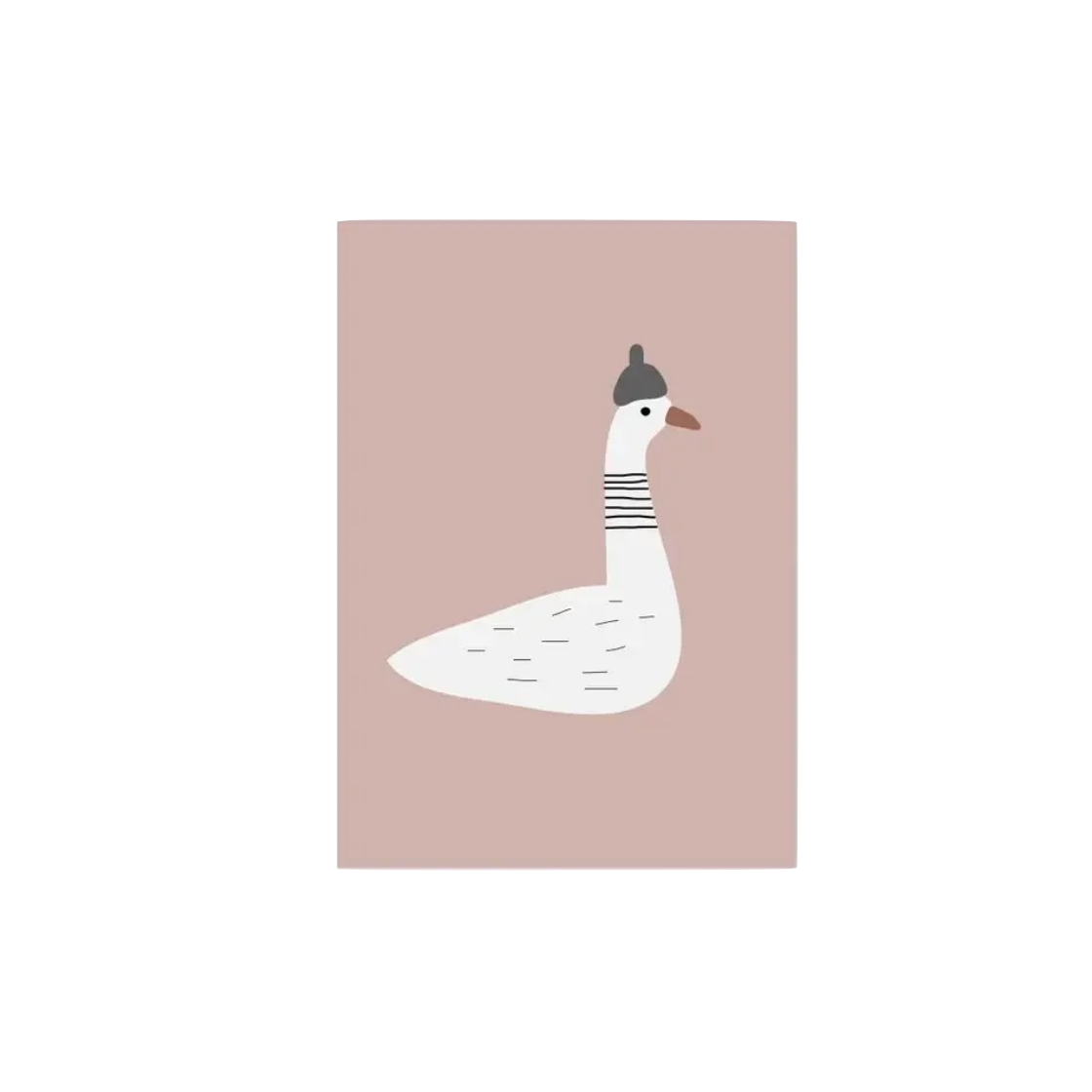 childrens print of an illustrated white goose, wearing a grey hat, on a pink background