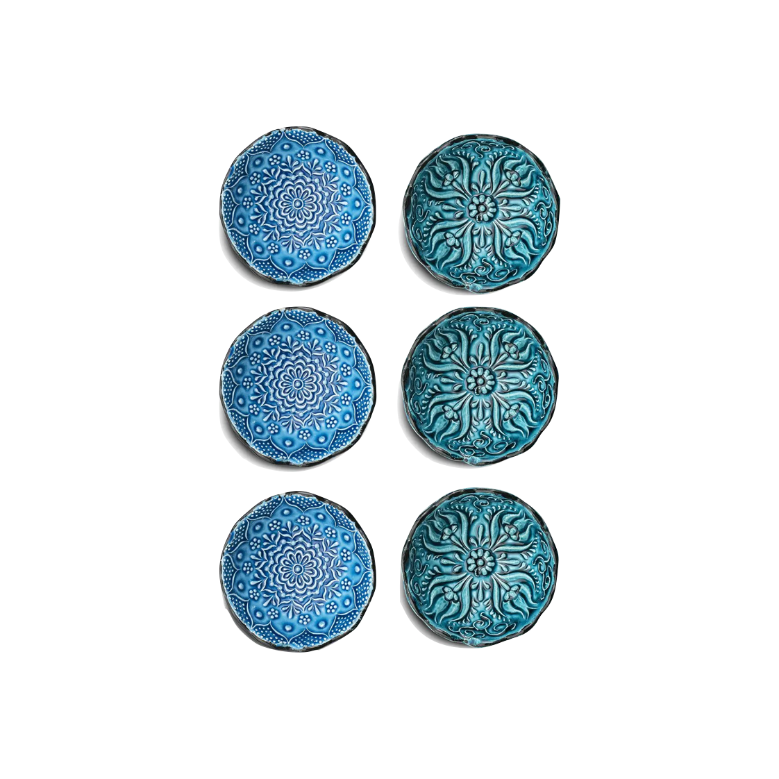set of six small blue ceramic bowls, three in a light blue and three in a teal blue, each with an intricate pattern