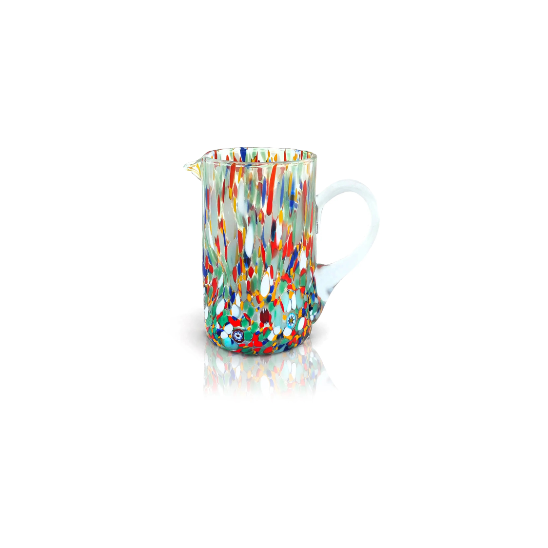 small glass jug with colourful splatters in white, blue, green, yellow and red