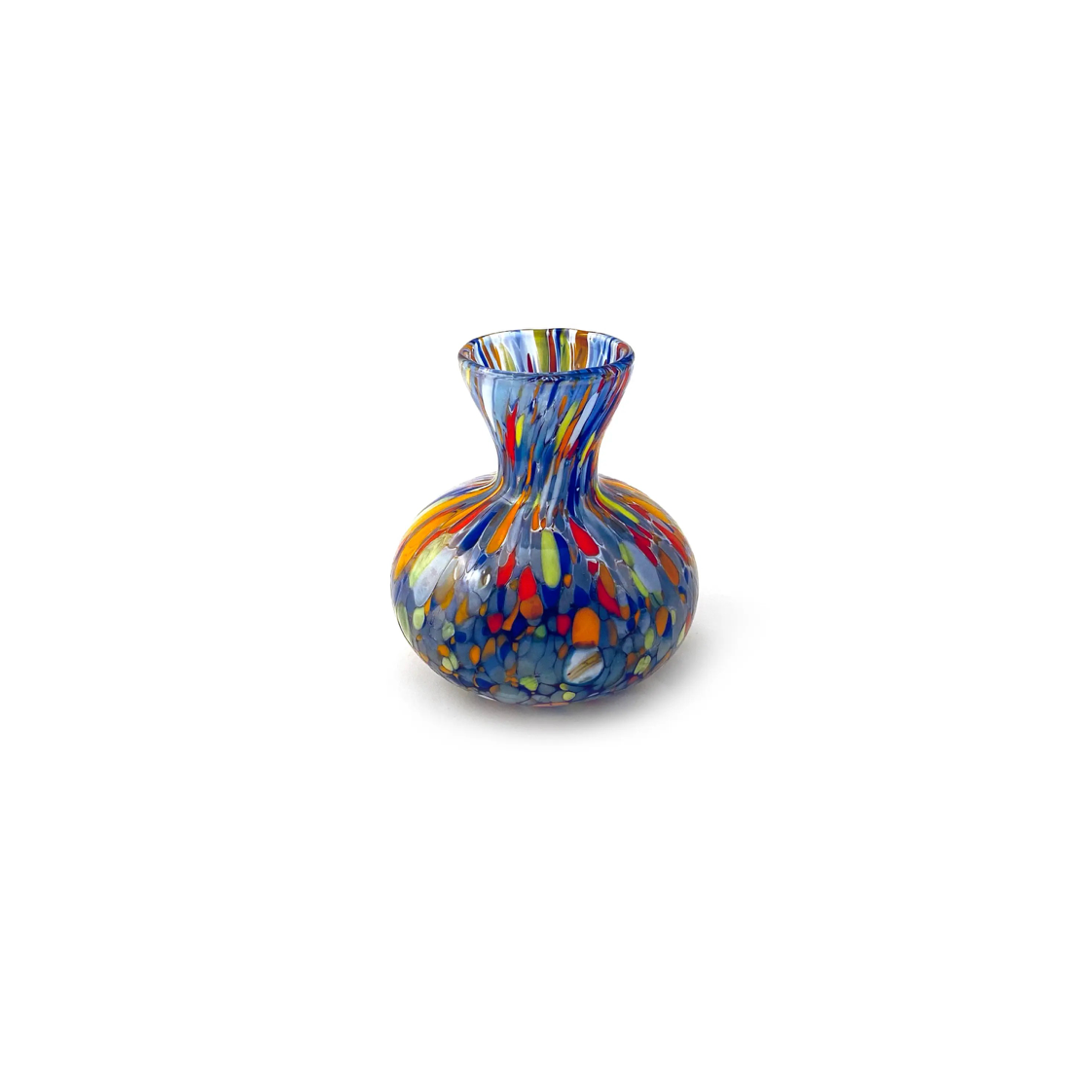 small blue glass vase with round bottom and fluted top, covered in colourful splatters of blue, red, green and orange
