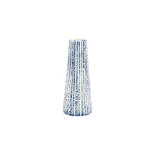 small bud vase with white base and raised blue patterned stripes