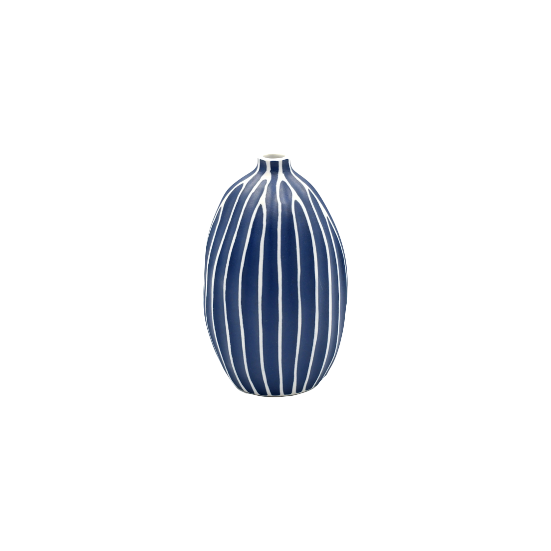 round dark blue vase with white stripes