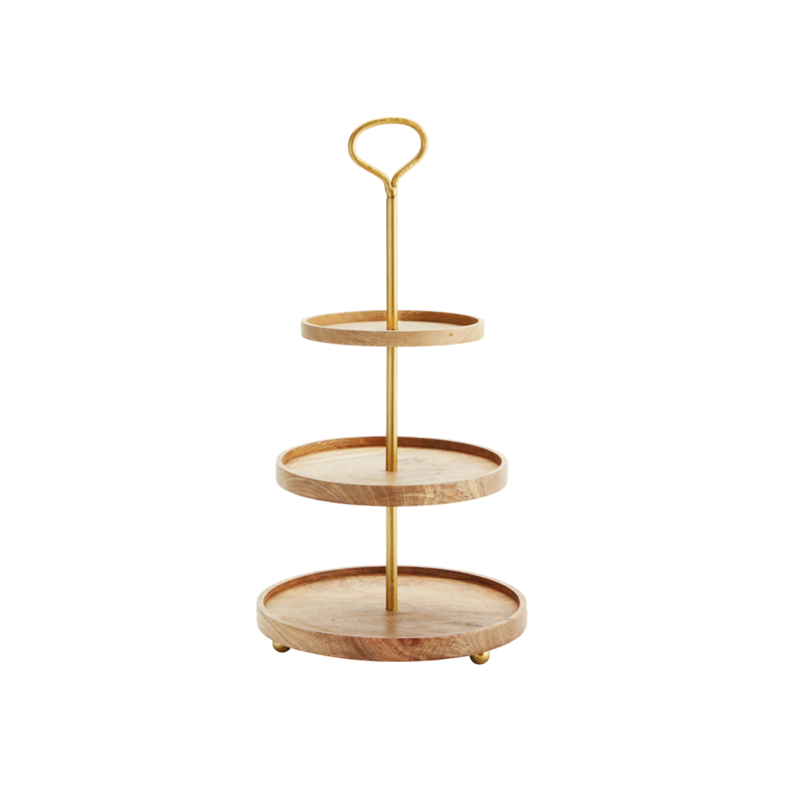 three tier wooden cake stand with gold colour hardware