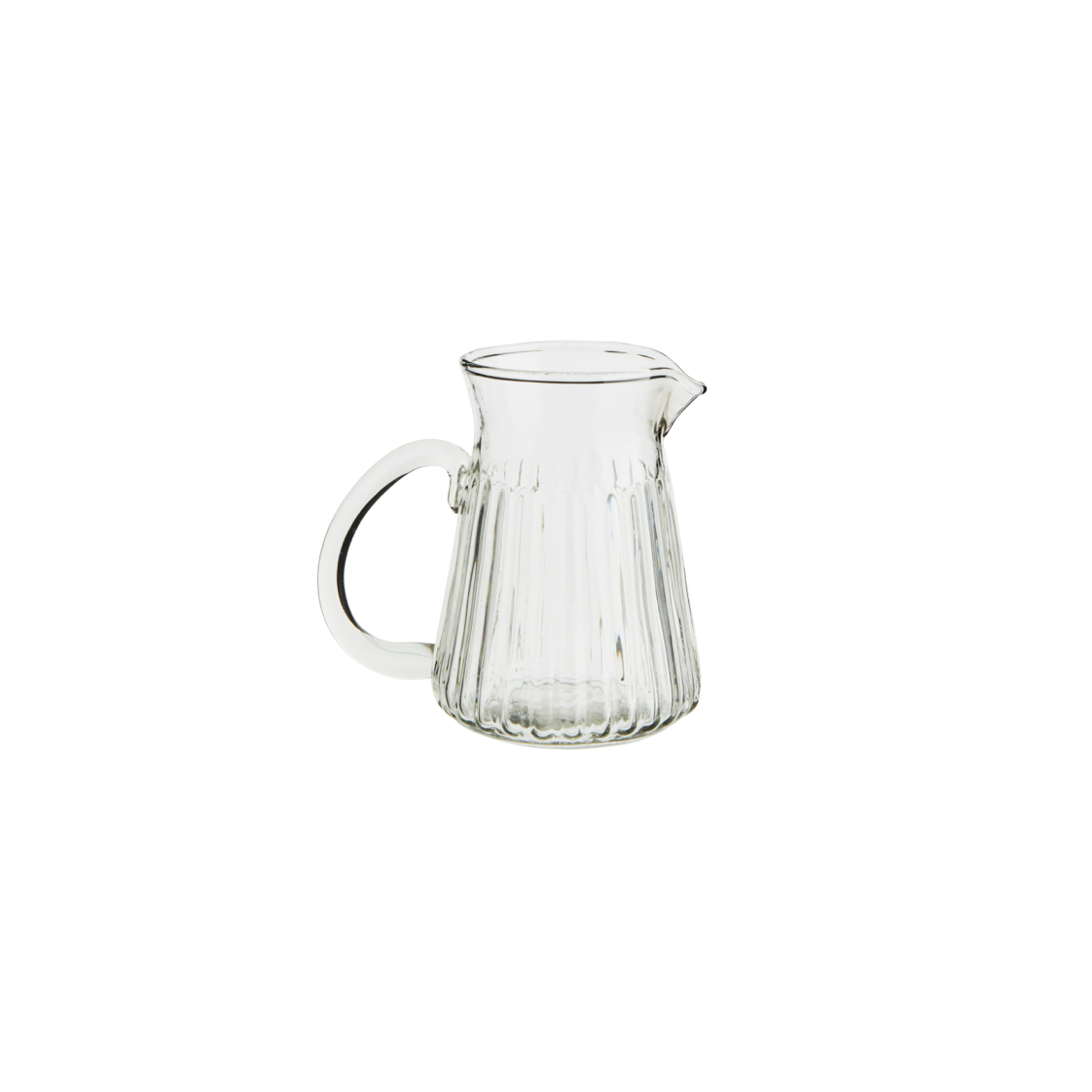 small clear glass jug with a large handle and grooves around the jug