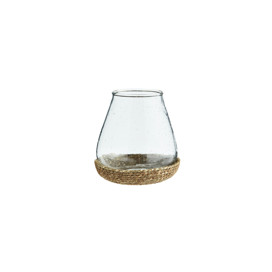 clear glass votive, on top of a natural jute tray, fitted to the bottom