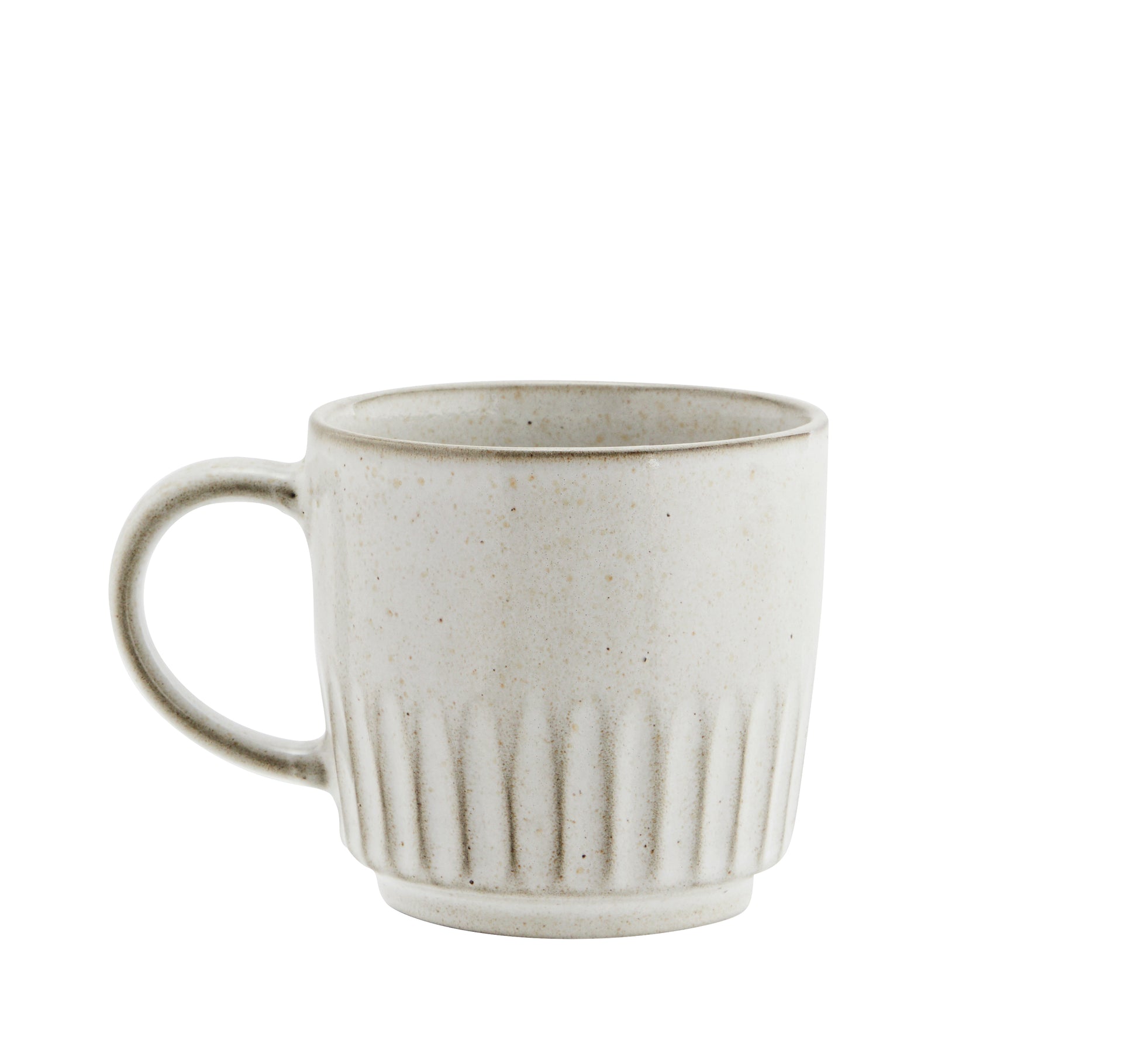 white stoneware mug with ridges and dark markings
